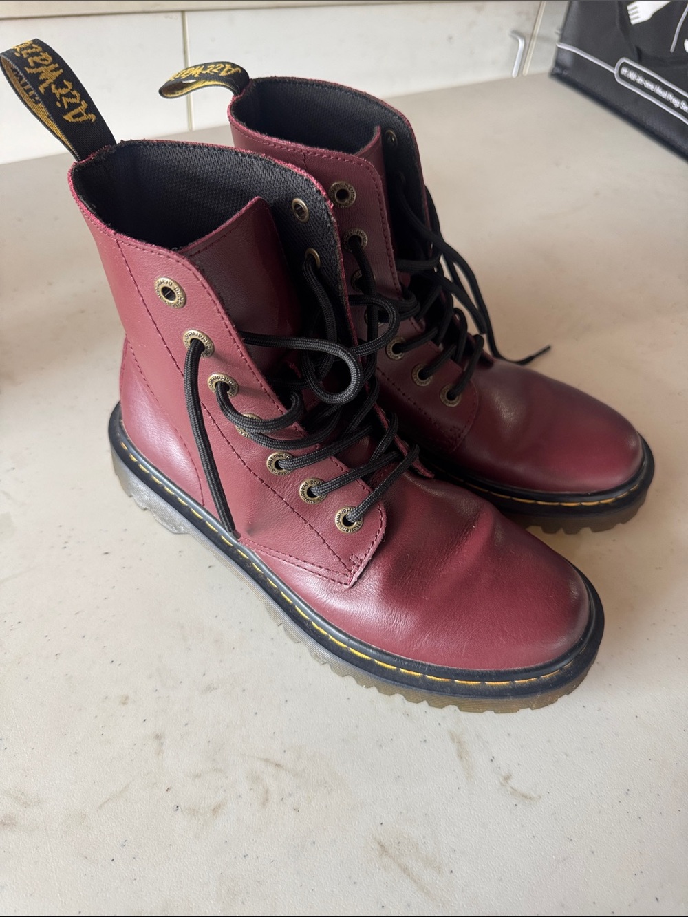 Dr. Martens Burgundy Lace-Up Combat Boots with Black Laces